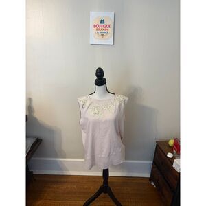 Elegant Light Pink Floral Lace Sleeveless Blouse | Women's Large | Sheer Hem Top